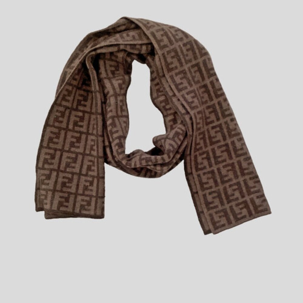 Fendi Brown Monogram FF Logo Wool Muffler Scarf Unisex - Picture 4 of 11